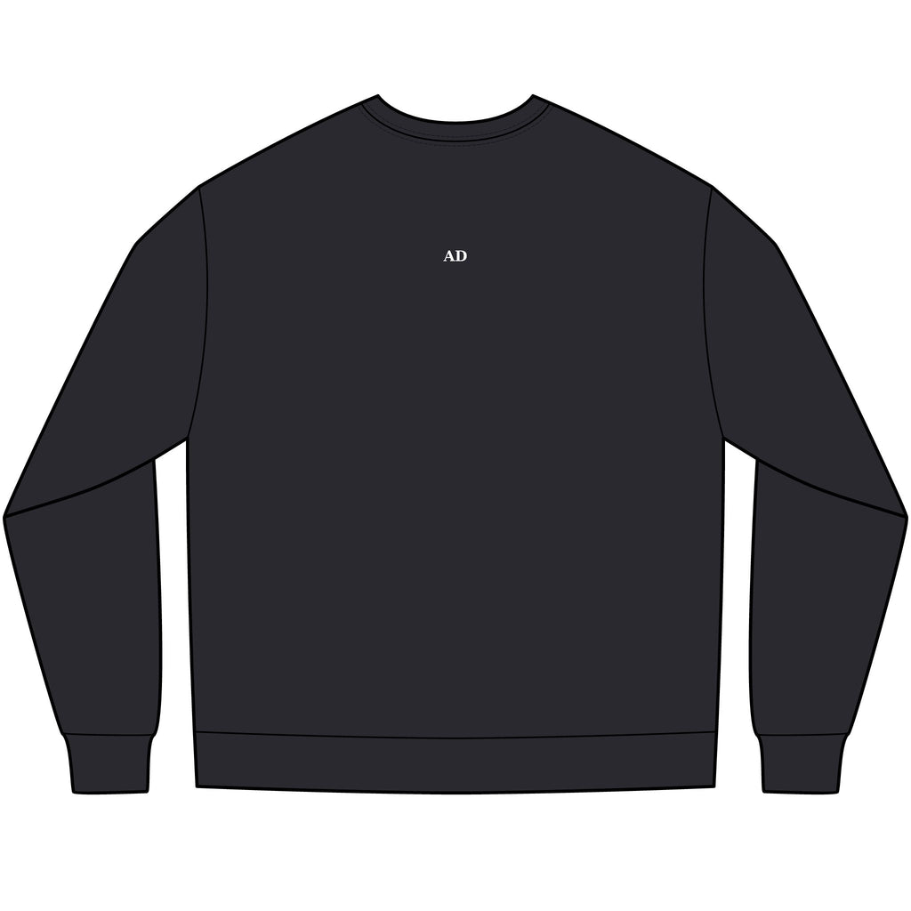 #likeAria - Crewneck Sweatshirt — Minimal 'AD' Back Logo, Subtle Front Text