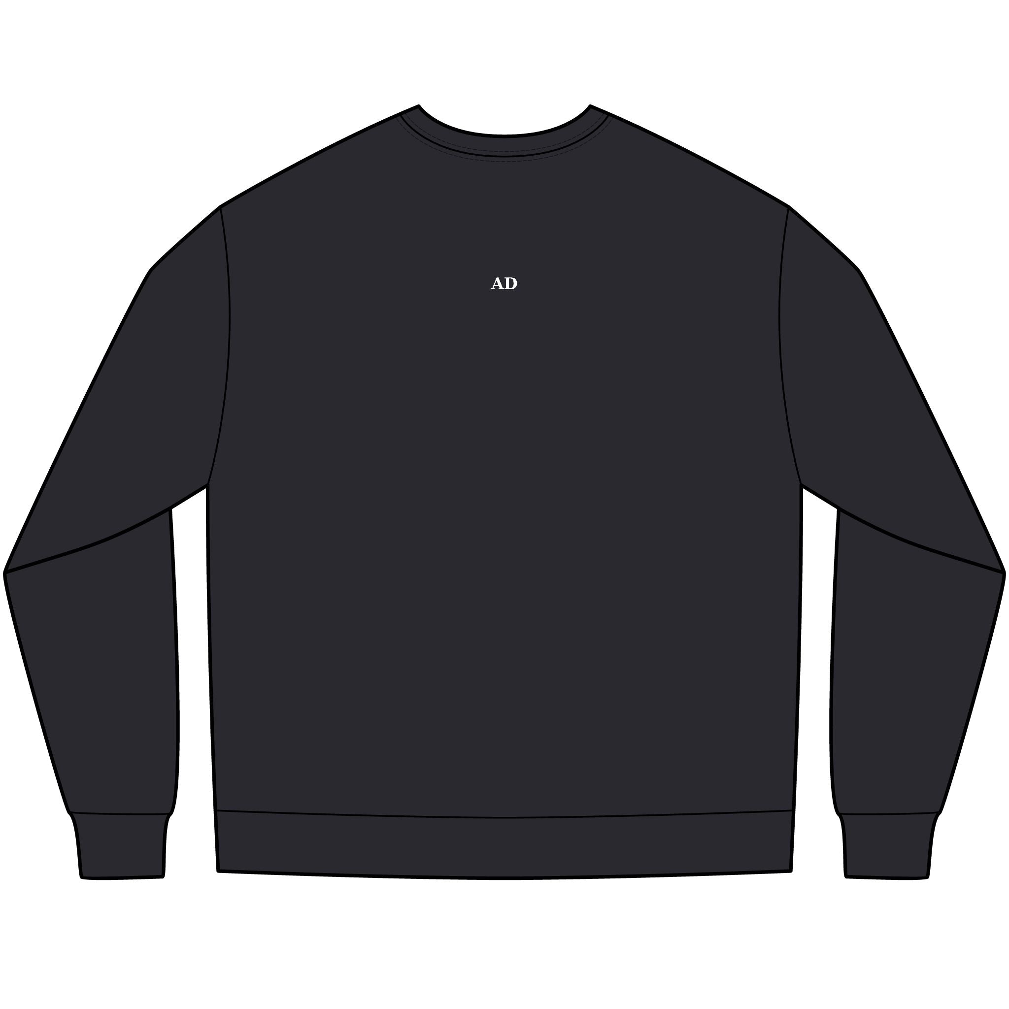 #likeAria - Crewneck Sweatshirt — Minimal 'AD' Back Logo, Subtle Front Text